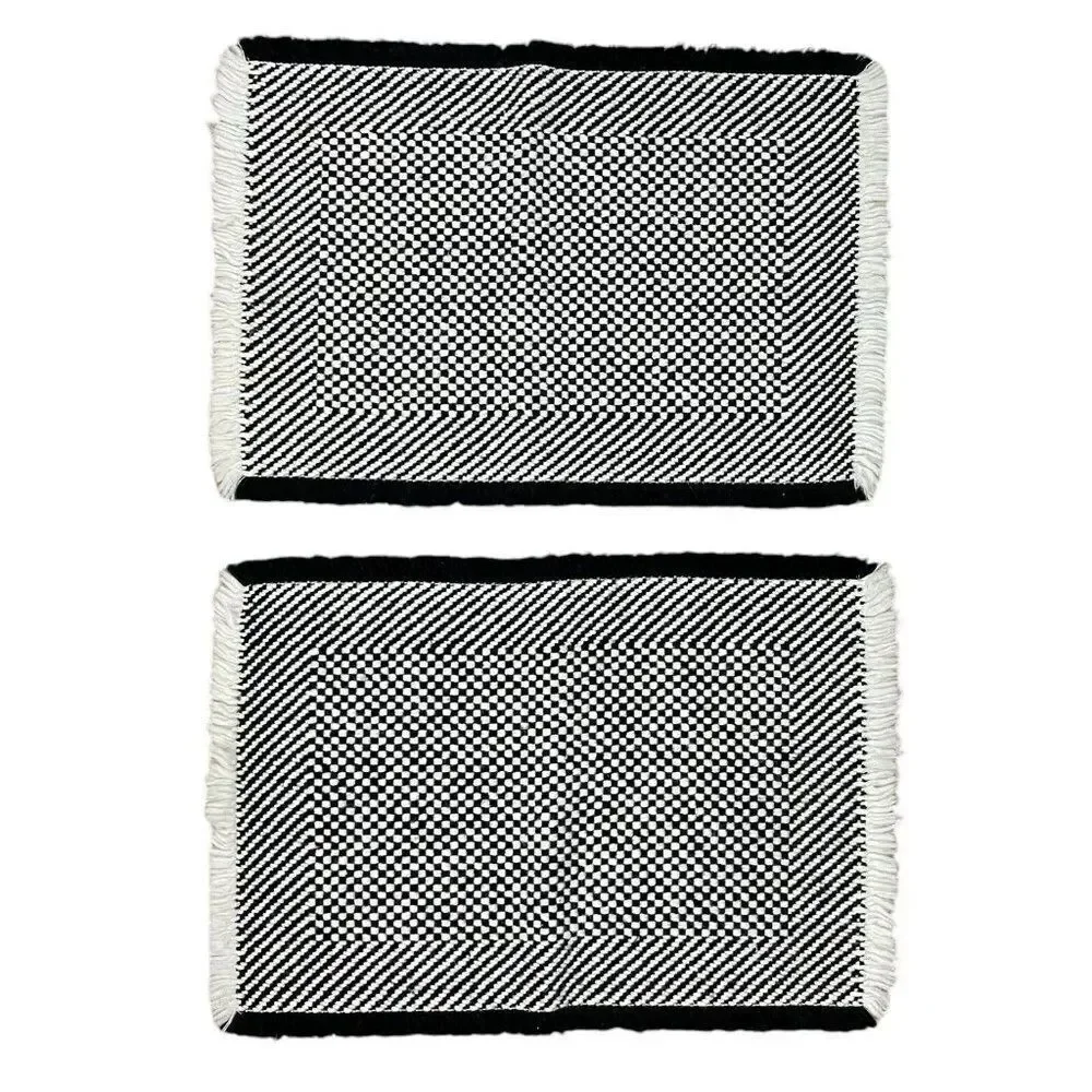 Vintage 1980s Woven Black & White Fringe Placemats Set 2 Checked 17 x 11 Unique
